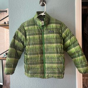 Boys size M (10) down Patagonia zip up green plaid jacket